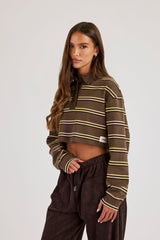 Striped Cropped Polo Top - Chocolate