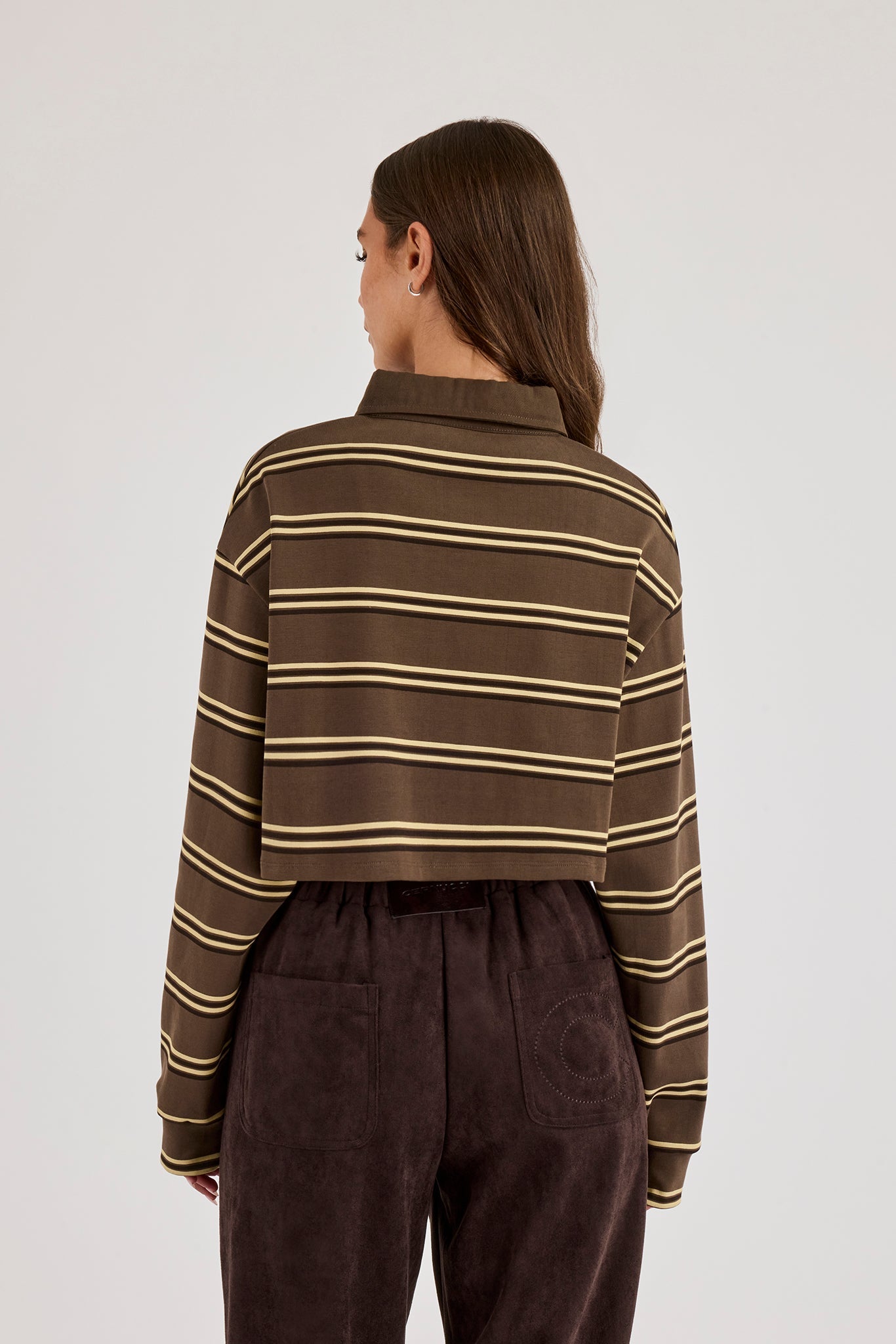 Striped Cropped Polo Top - Chocolate
