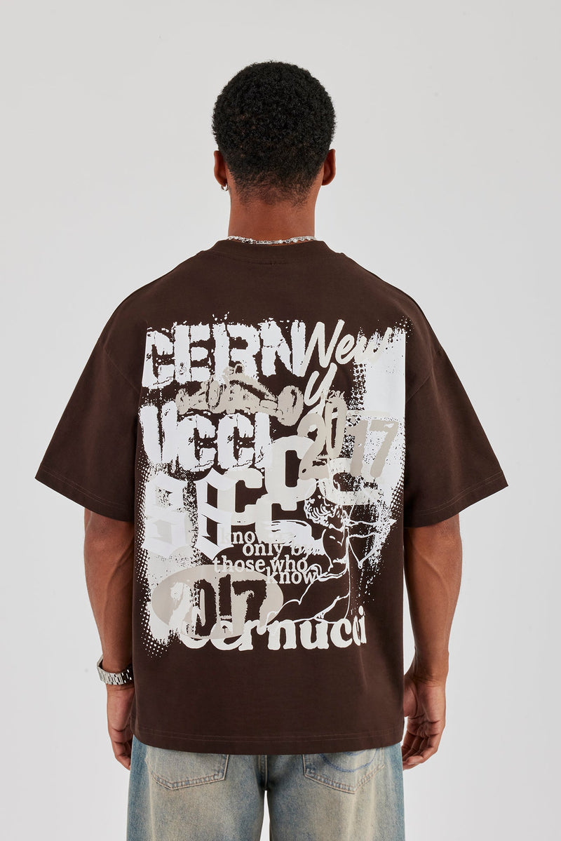 Cherub Back Print Oversized T-Shirt - Chocolate