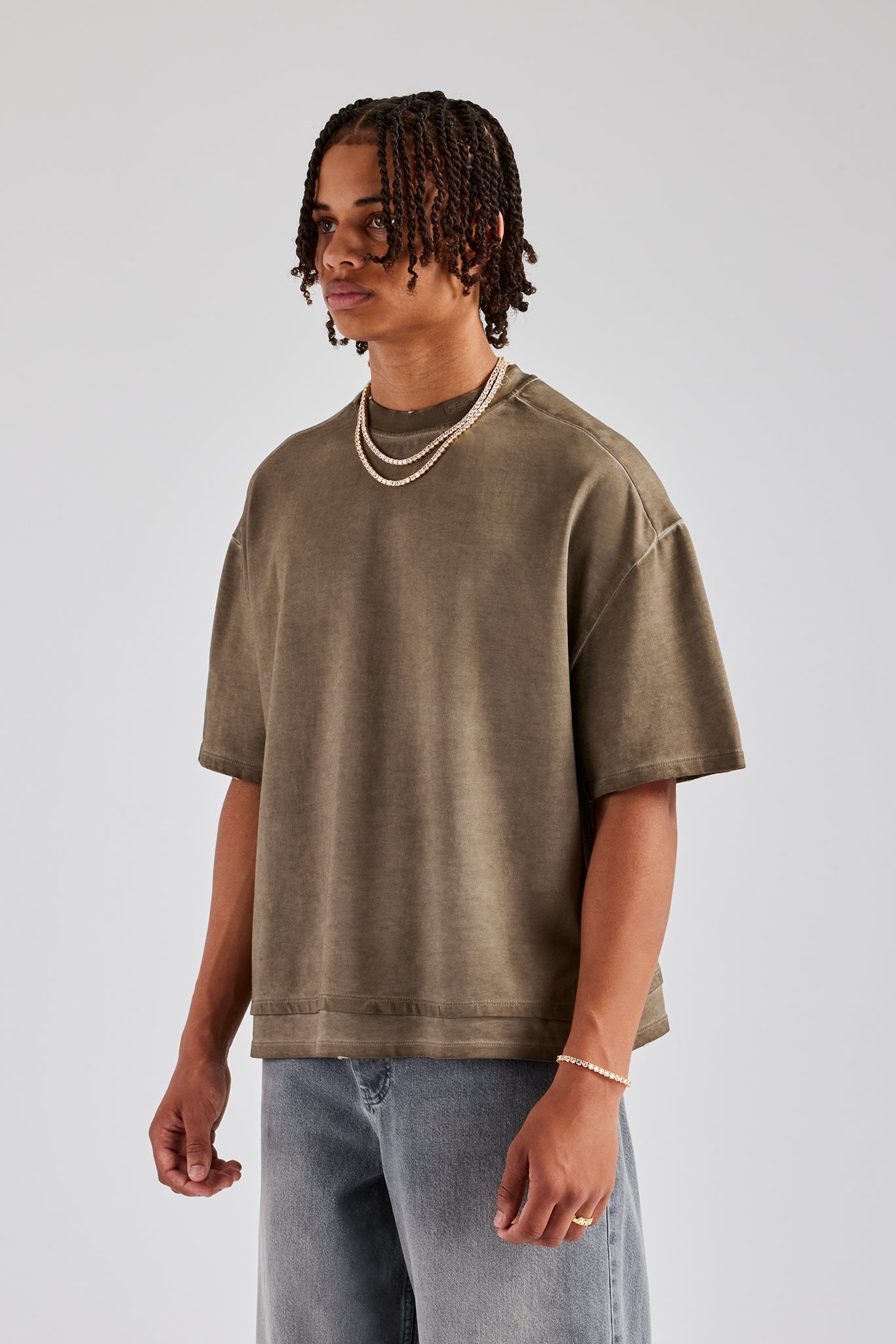 Boxy Fit Distressing Dual Hem T-Shirt - Taupe | Mens Tees & Vests