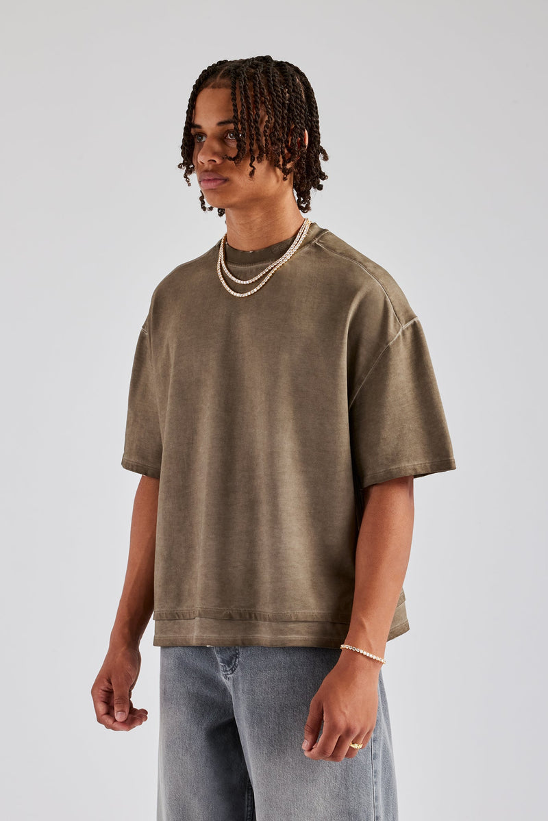 Boxy Fit Distressing Dual Hem T-Shirt - Taupe