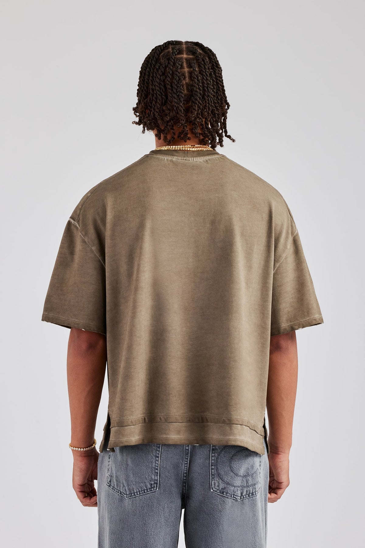 Boxy Fit Distressing Dual Hem T-Shirt - Taupe | Mens Tees & Vests 
