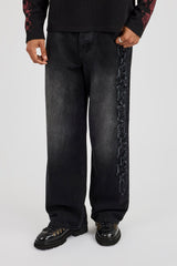 Baggy Fit Applique Logo Jeans - Washed Black