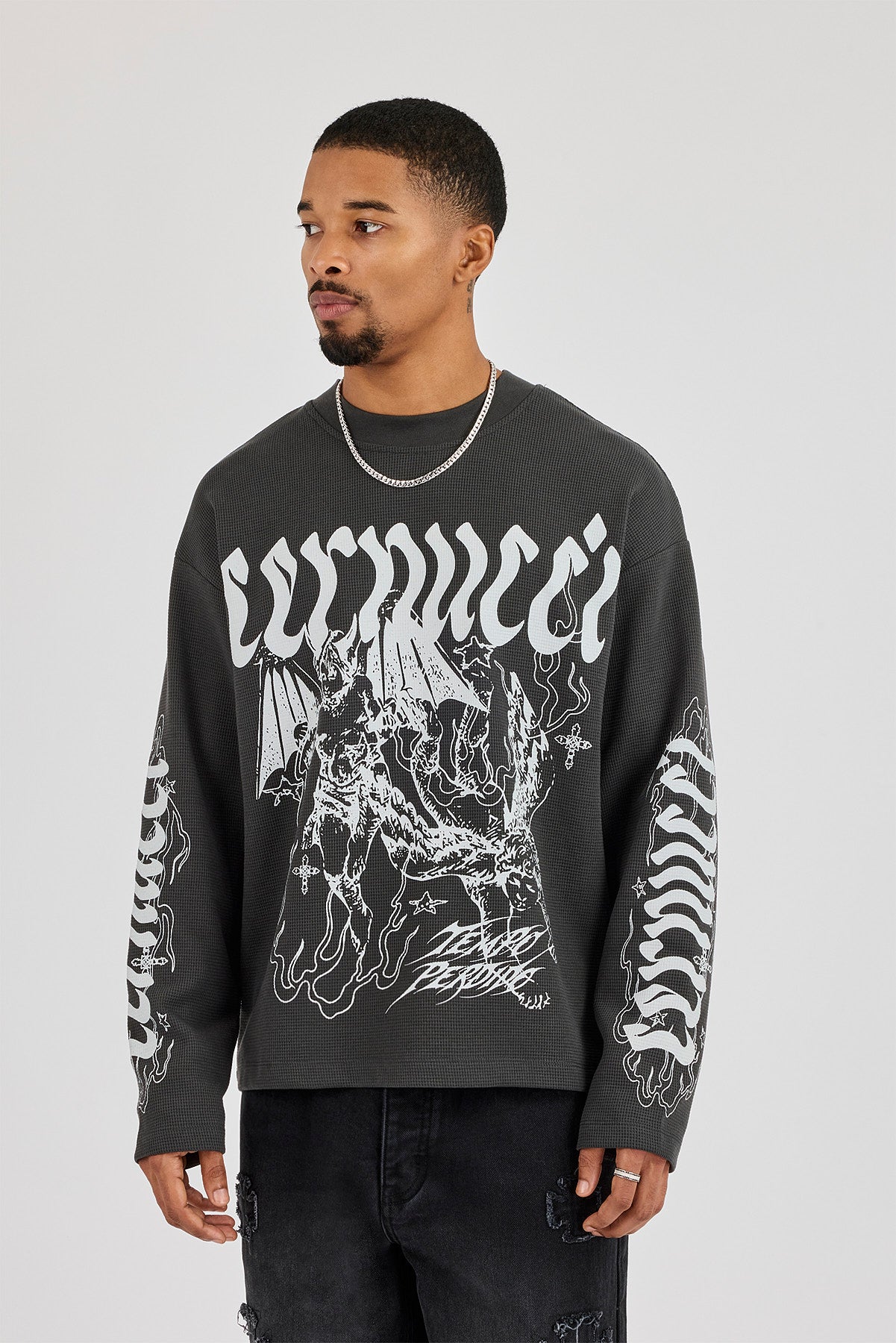 Waffle Cernucci Waved Long Sleeve T-Shirt - Washed Charcoal