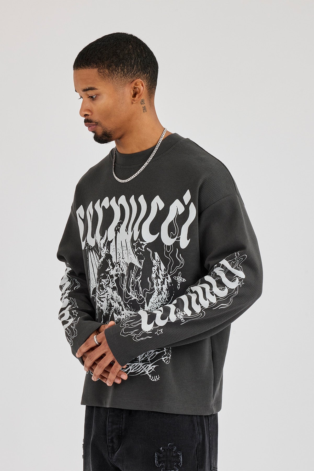 Waffle Cernucci Waved Long Sleeve T-Shirt - Washed Charcoal