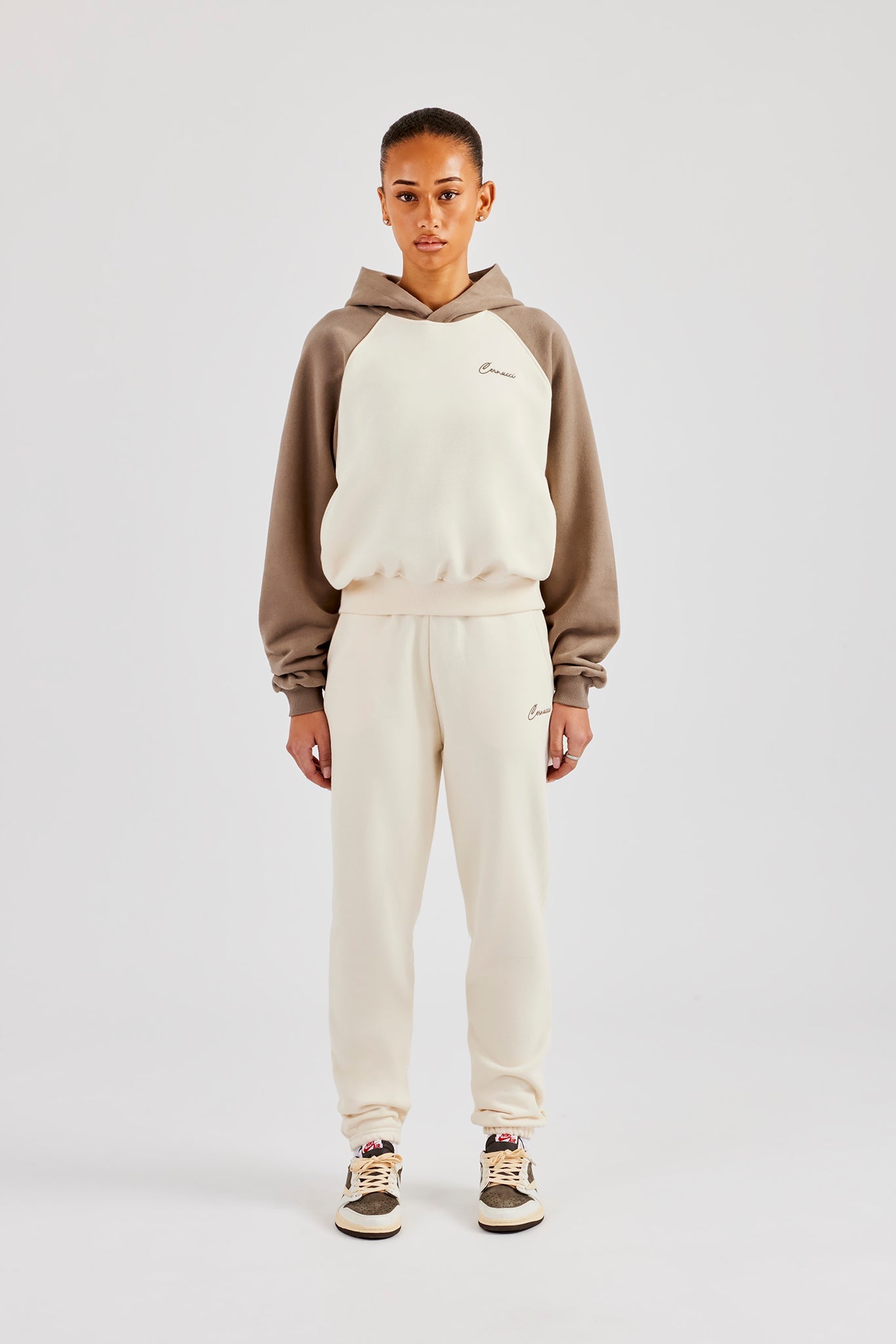 Contrast Raglan Sleeve Hoodie & Embroidered Cuffed Jogger - White
