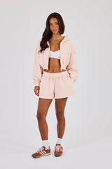 Washed Super Cropped Distressed Hoodie & Jersey Short - Dusty Pink