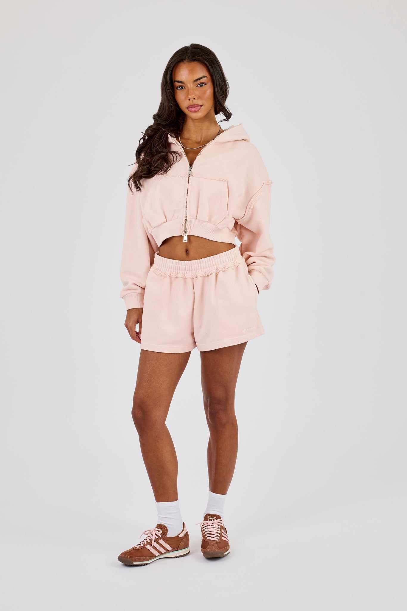 Washed Super Cropped Distressed Hoodie & Jersey Short - Dusty Pink
