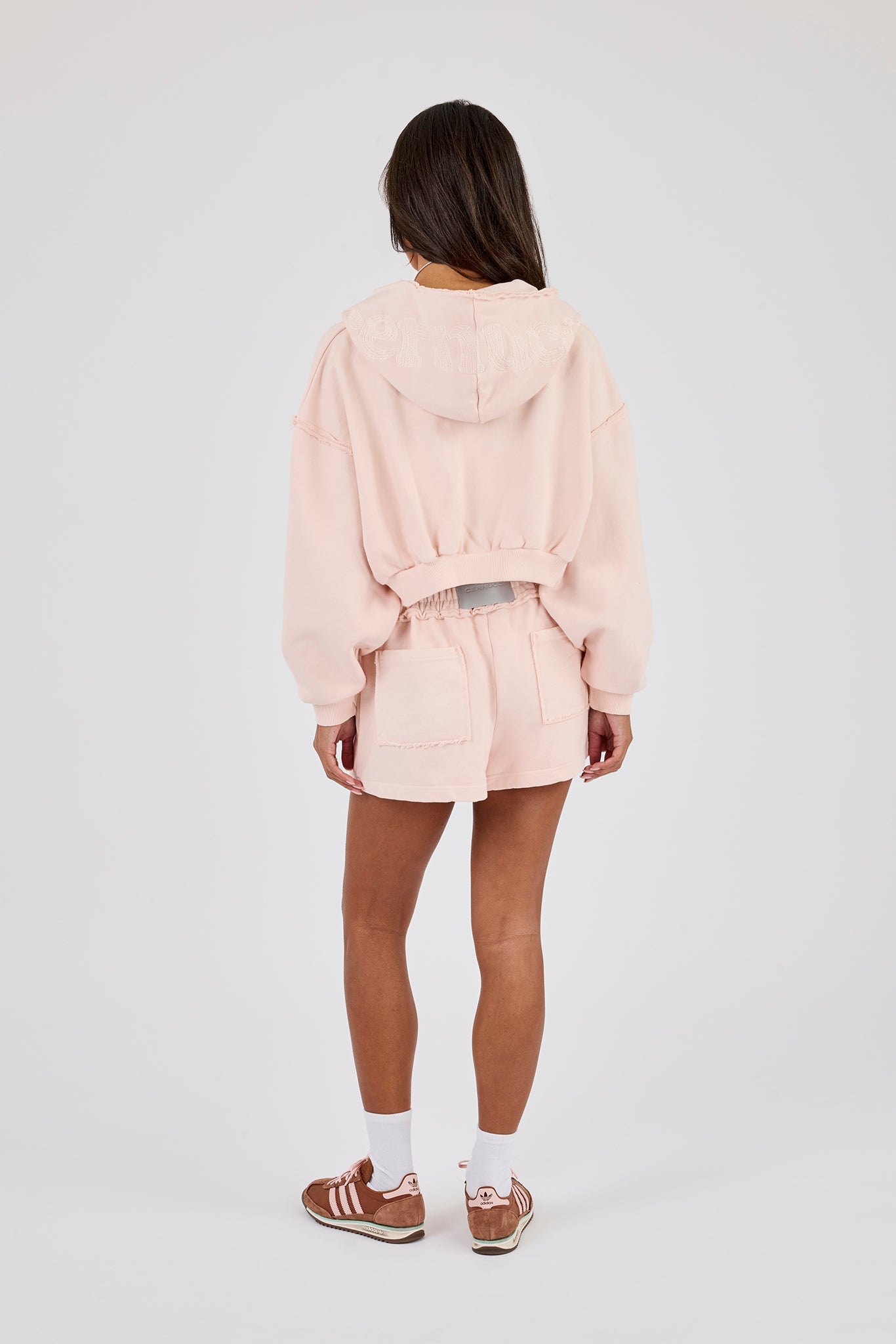 Washed Super Cropped Distressed Hoodie & Jersey Short - Dusty Pink