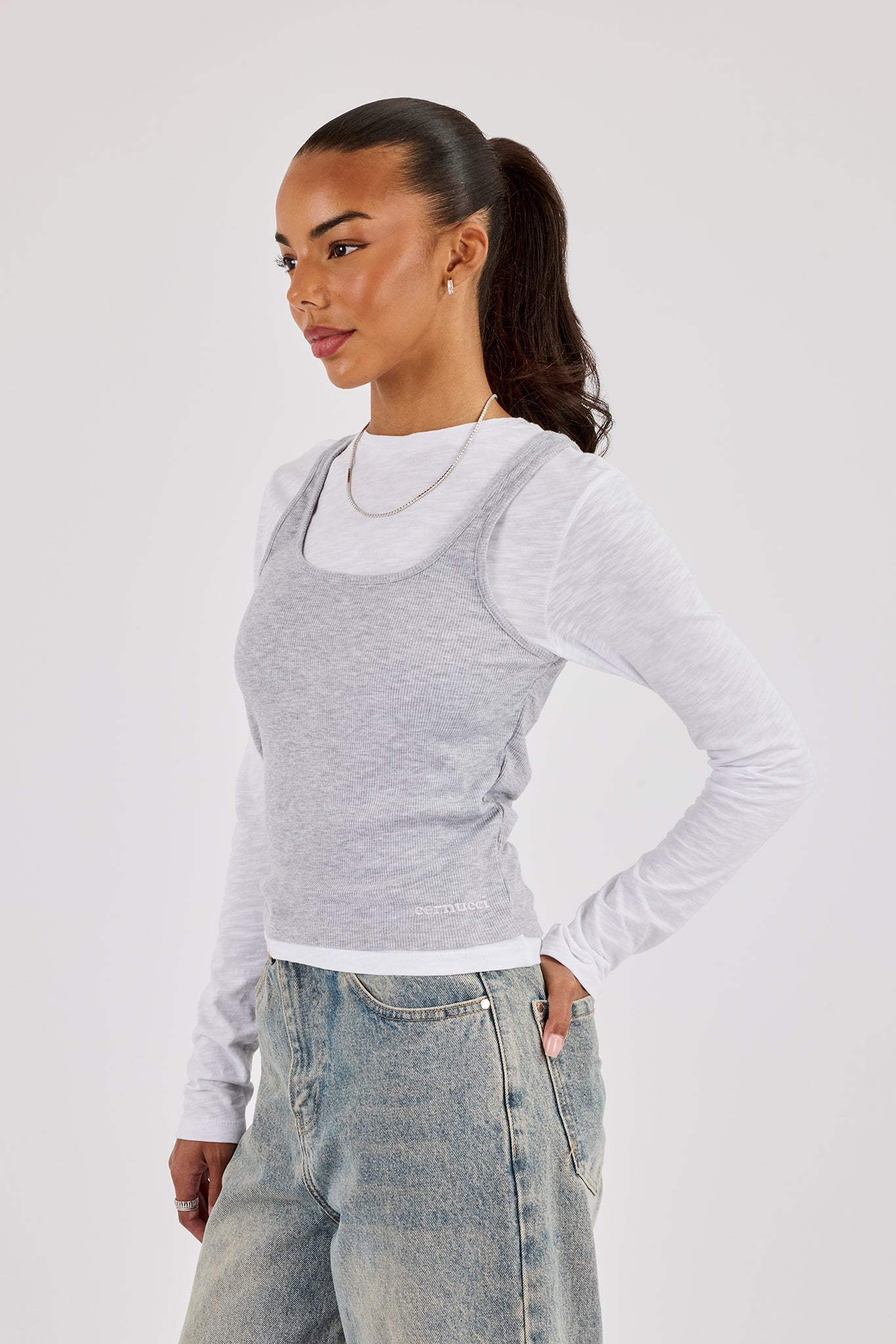 Double Layer Long Sleeve Top - Grey