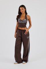 Washed Distressed Logo Halterneck Top - Dark Brown