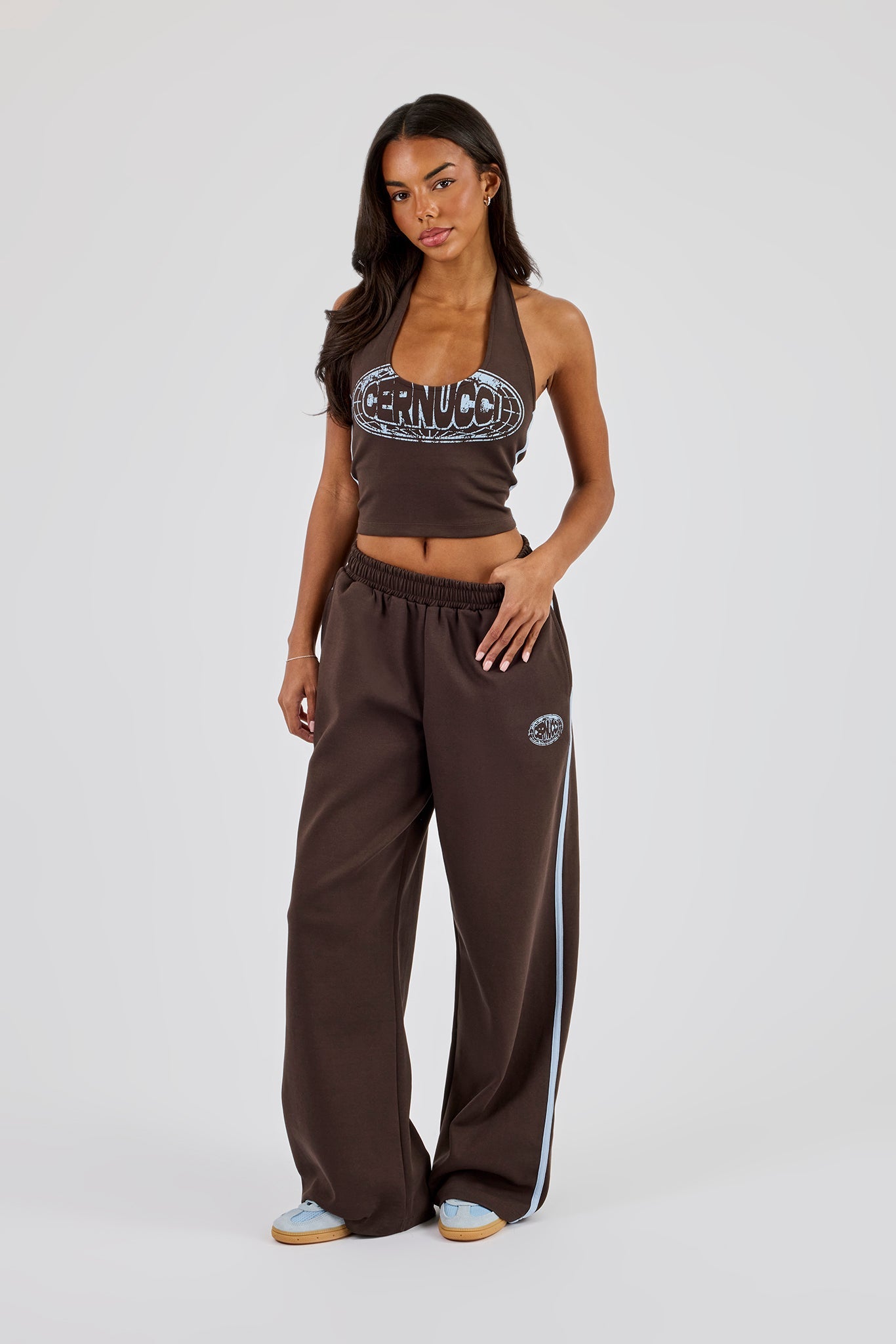 Washed Distressed Logo Halterneck Top & Wide Leg Jogger With Print - Dark Brown