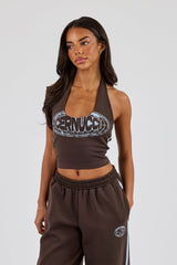Washed Distressed Logo Halterneck Top & Wide Leg Jogger With Print - Dark Brown