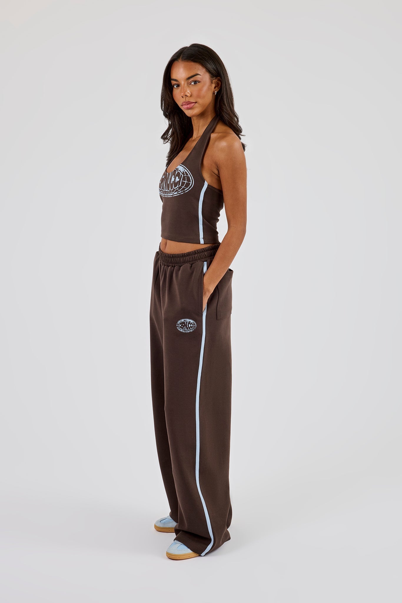 Washed Distressed Logo Halterneck Top & Wide Leg Jogger With Print - Dark Brown