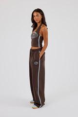 Washed Distressed Logo Halterneck Top & Wide Leg Jogger With Print - Dark Brown