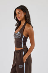 Washed Distressed Logo Halterneck Top - Dark Brown
