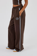Washed Distressed Logo Halterneck Top & Wide Leg Jogger With Print - Dark Brown