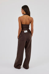 Washed Distressed Logo Halterneck Top & Wide Leg Jogger With Print - Dark Brown