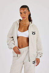 Oversized Embroidered Moto Zip Hoodie - Ash Grey