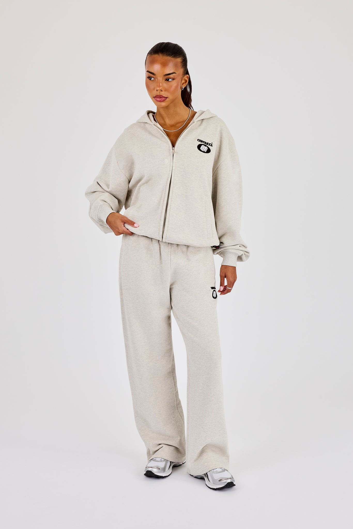Oversized Embroidered Moto Zip Hoodie & Wide Leg Jogger - Ash Grey