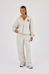 Oversized Embroidered Moto Zip Hoodie & Wide Leg Jogger - Ash Grey