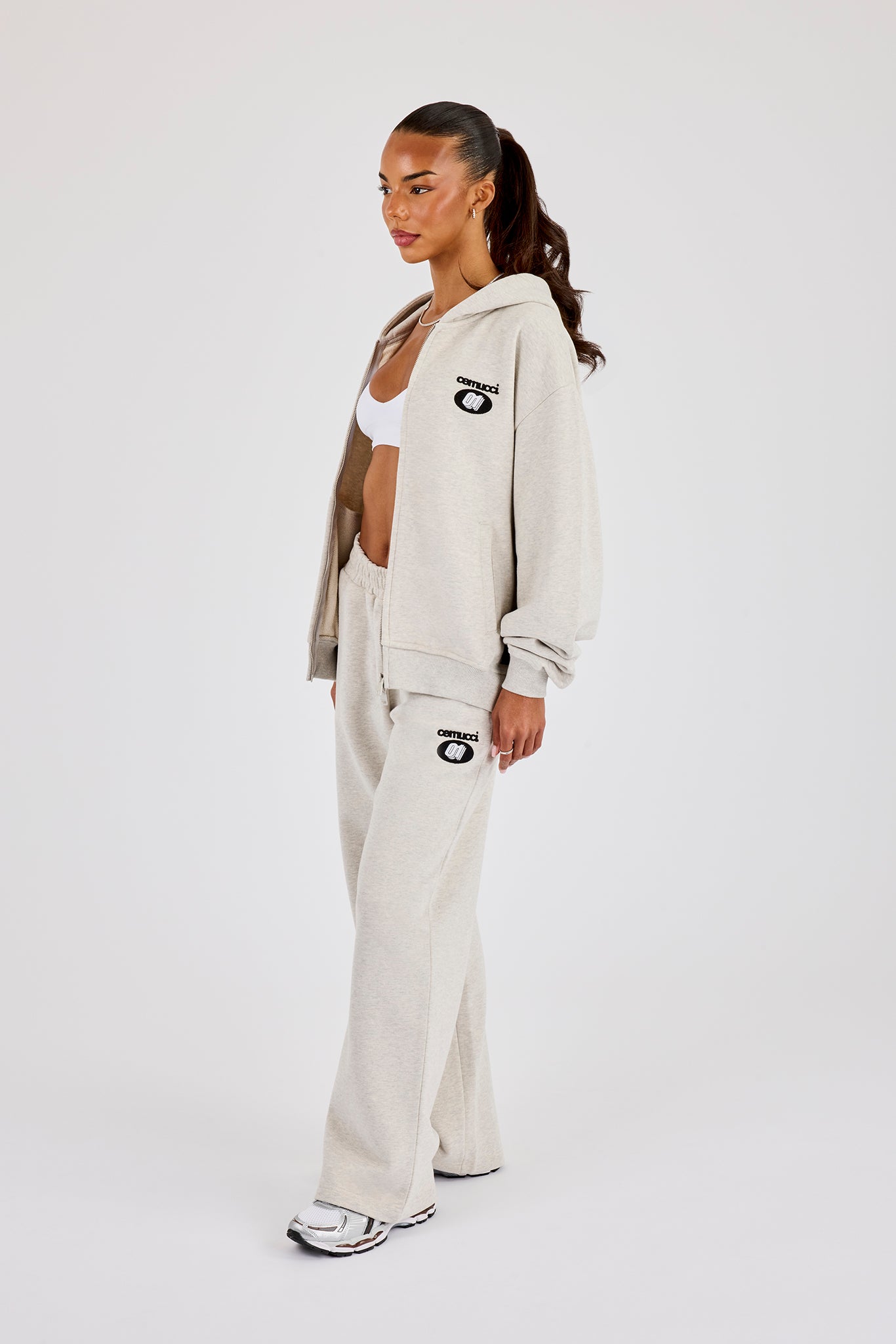 Oversized Embroidered Moto Zip Hoodie & Wide Leg Jogger - Ash Grey