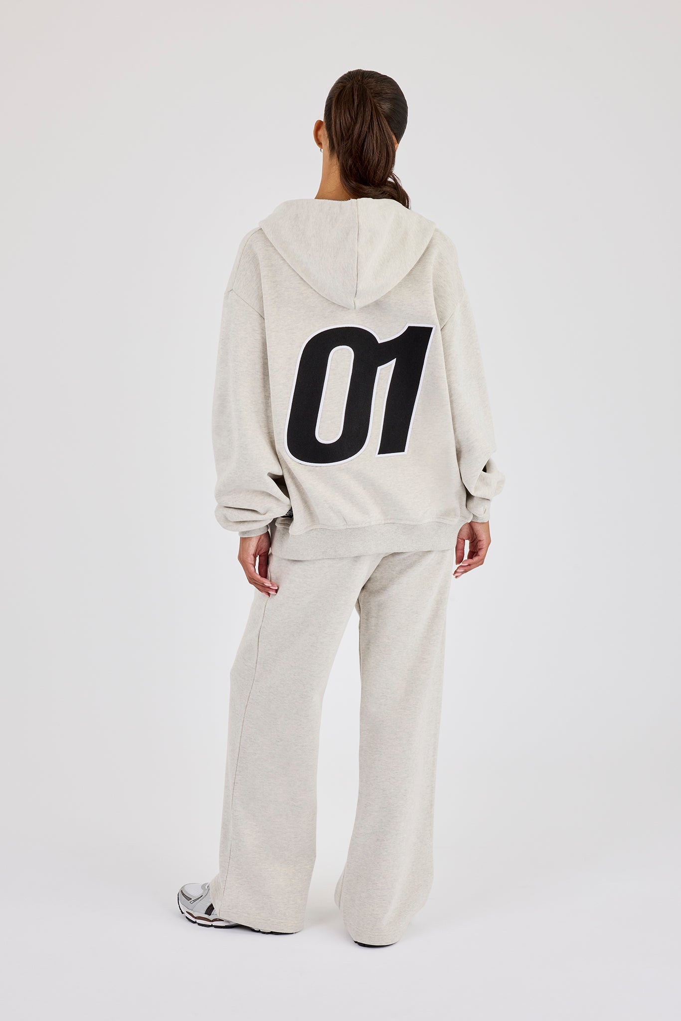 Oversized Embroidered Moto Zip Hoodie & Wide Leg Jogger - Ash Grey