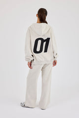 Oversized Embroidered Moto Zip Hoodie & Wide Leg Jogger - Ash Grey