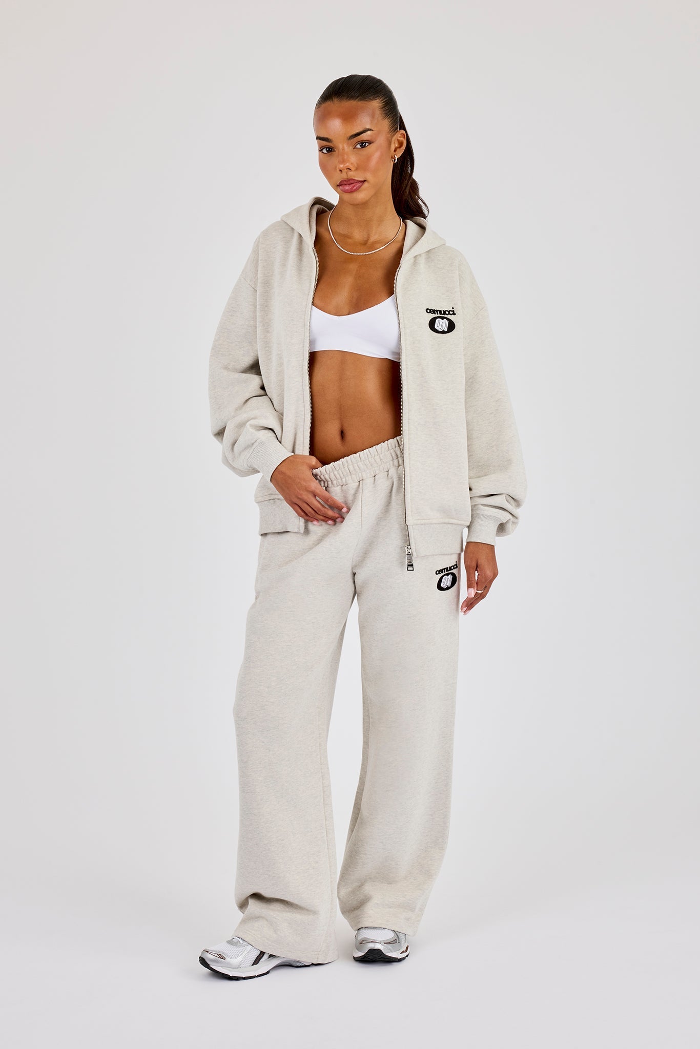 Oversized Embroidered Moto Zip Hoodie & Wide Leg Jogger - Ash Grey