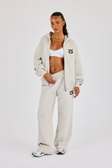 Oversized Embroidered Moto Zip Hoodie & Wide Leg Jogger - Ash Grey