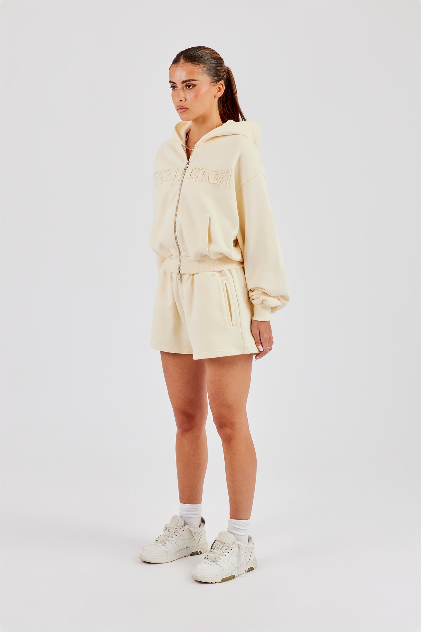 Boxy Cropped Applique Logo Zip Hoodie & Button Detail Shorts - Butter Yellow
