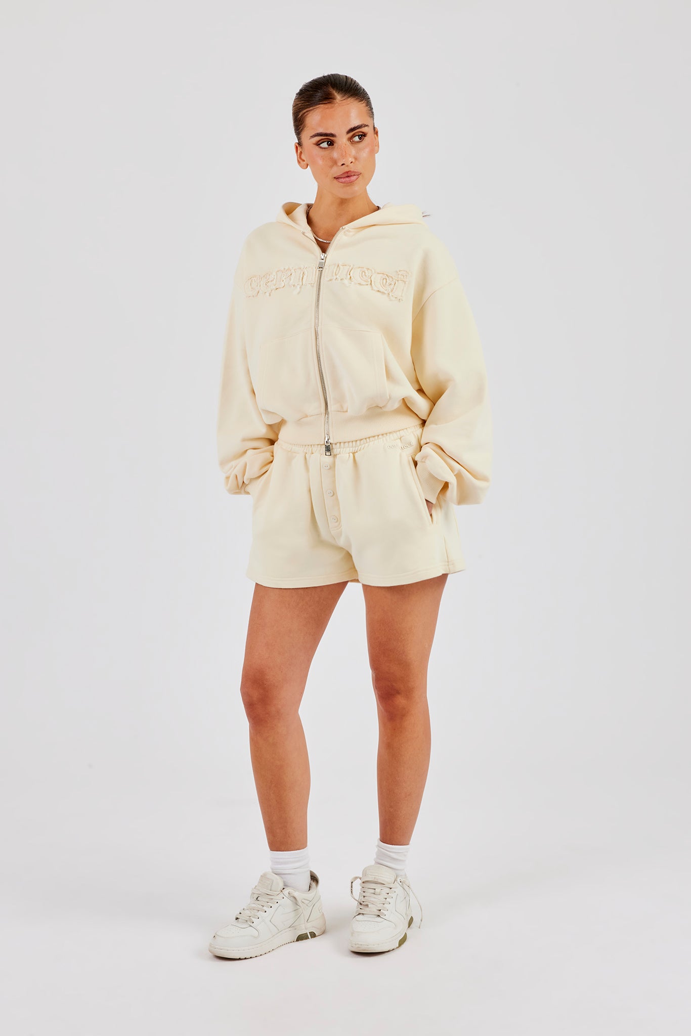 Boxy Cropped Applique Logo Zip Hoodie & Button Detail Shorts - Butter Yellow