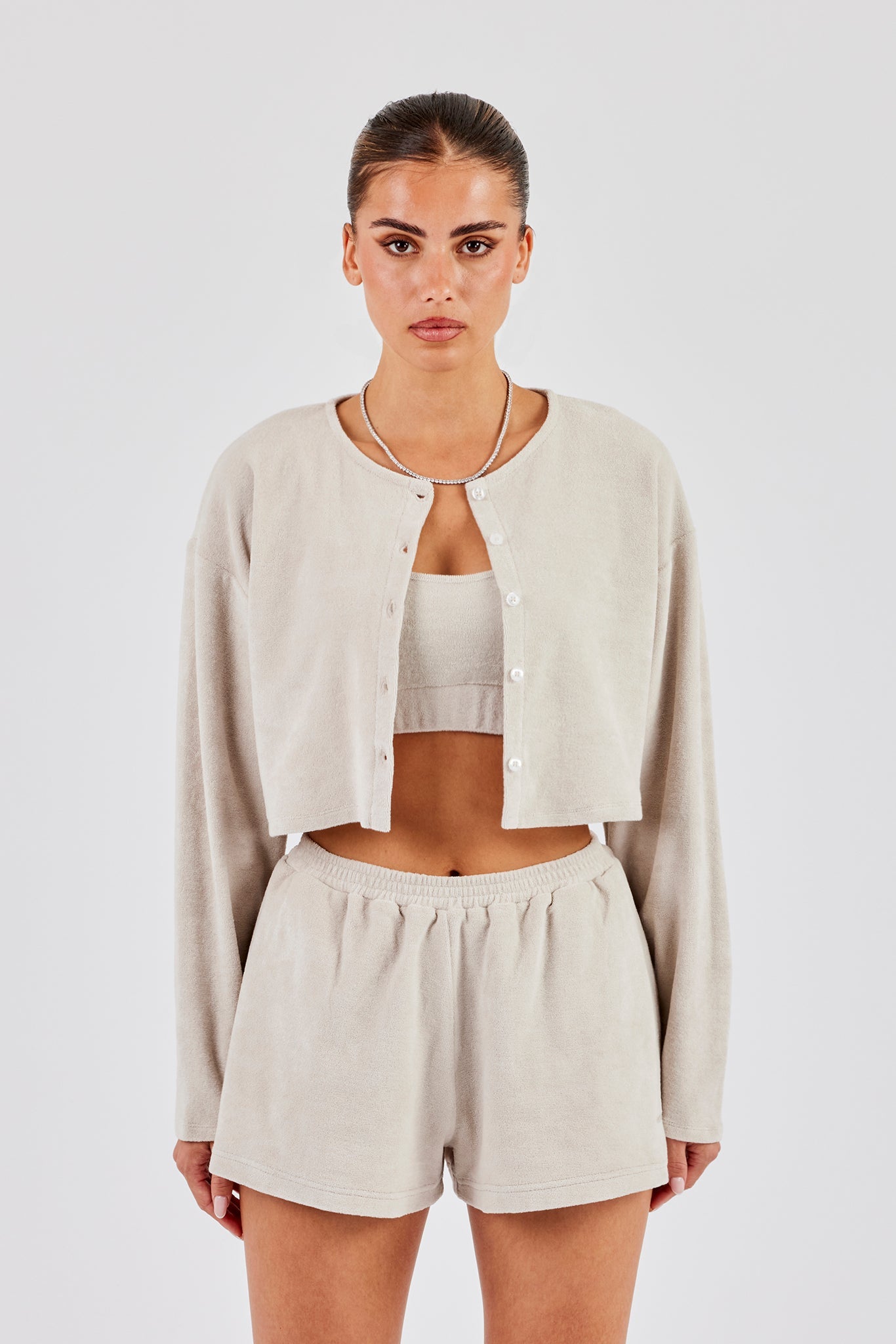 Terry Towelling Cardigan, Bralette & Short - Beige