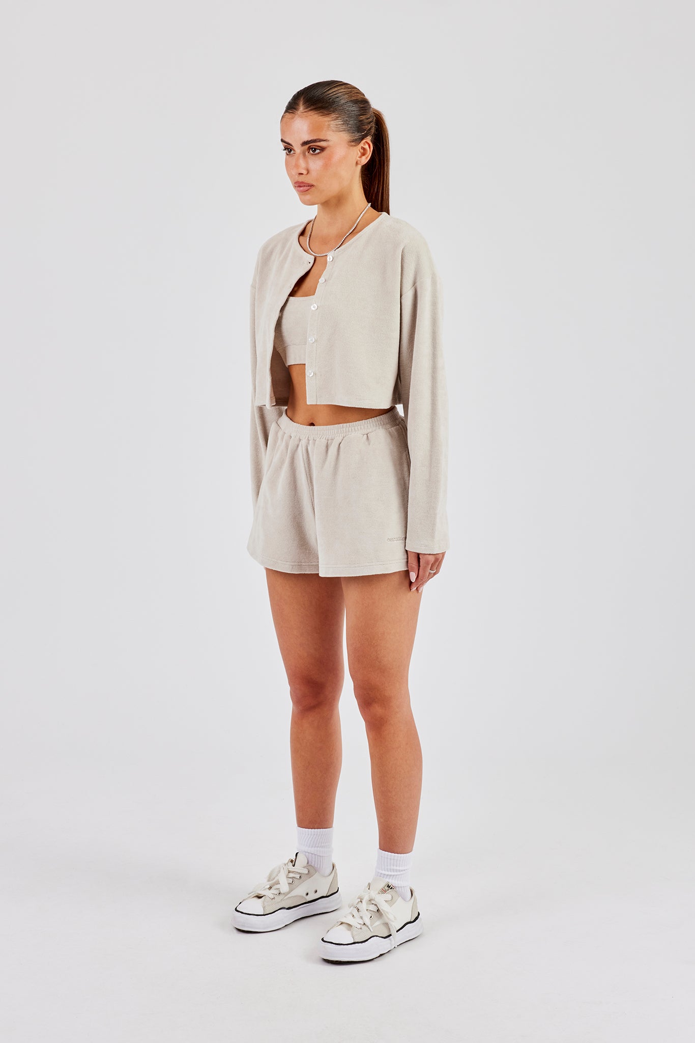 Terry Towelling Cardigan, Bralette & Short - Beige