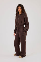 Cernucci Puff Applique Cropped Zip Hoodie & Wide Leg Jogger - Chocolate