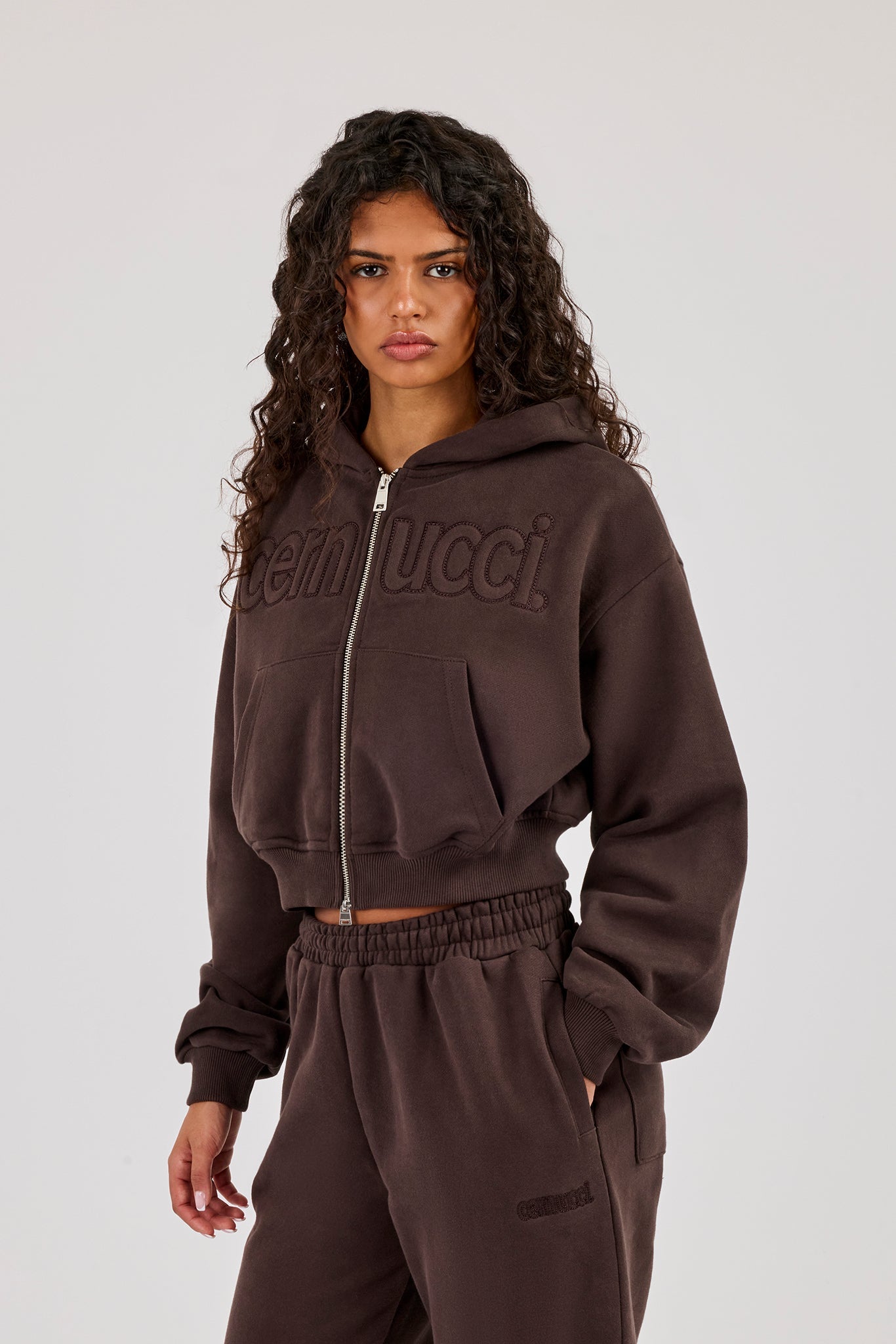 Cernucci Puff Applique Cropped Zip Hoodie - Chocolate