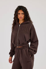 Cernucci Puff Applique Cropped Zip Hoodie - Chocolate