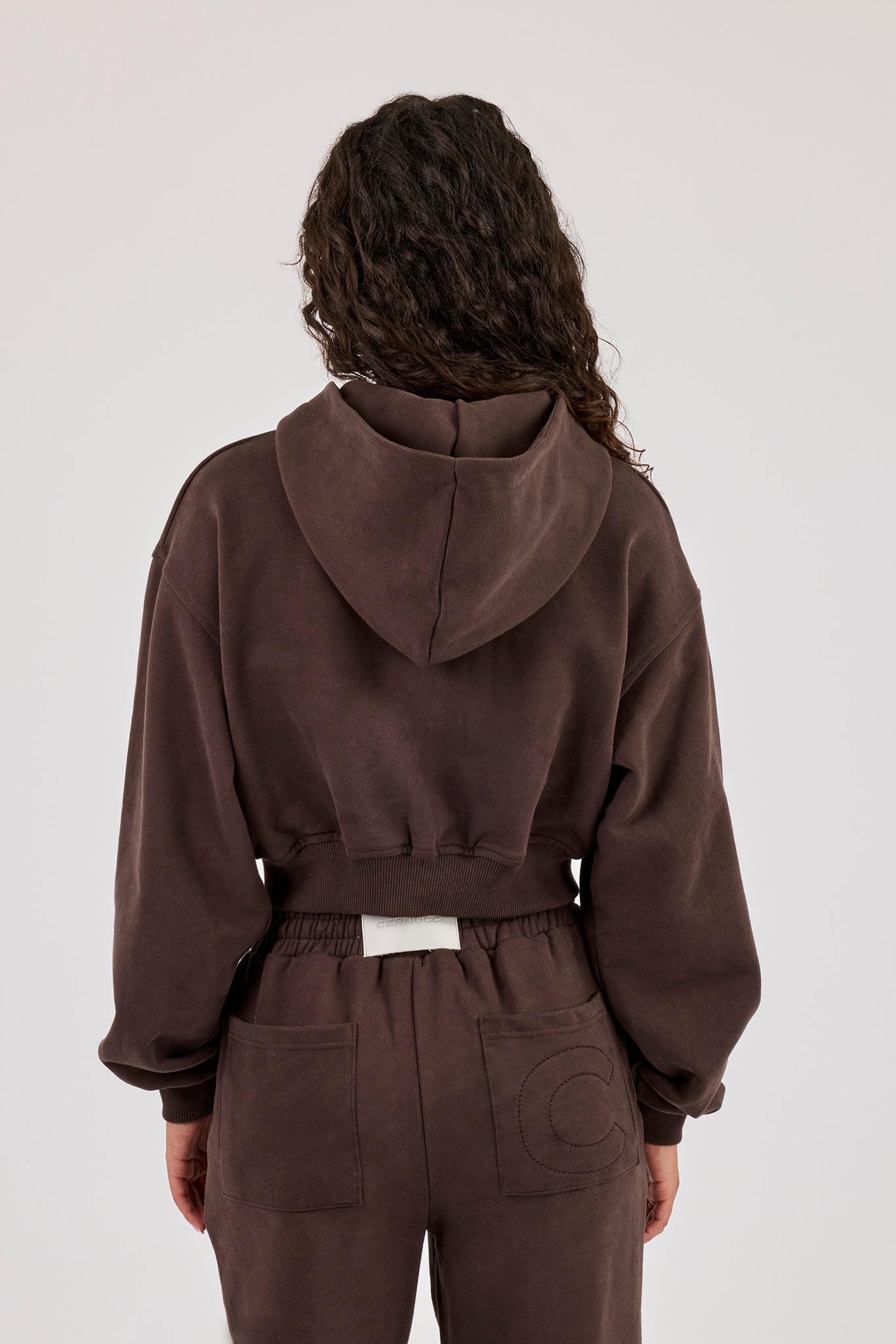 Cernucci Puff Applique Cropped Zip Hoodie - Chocolate