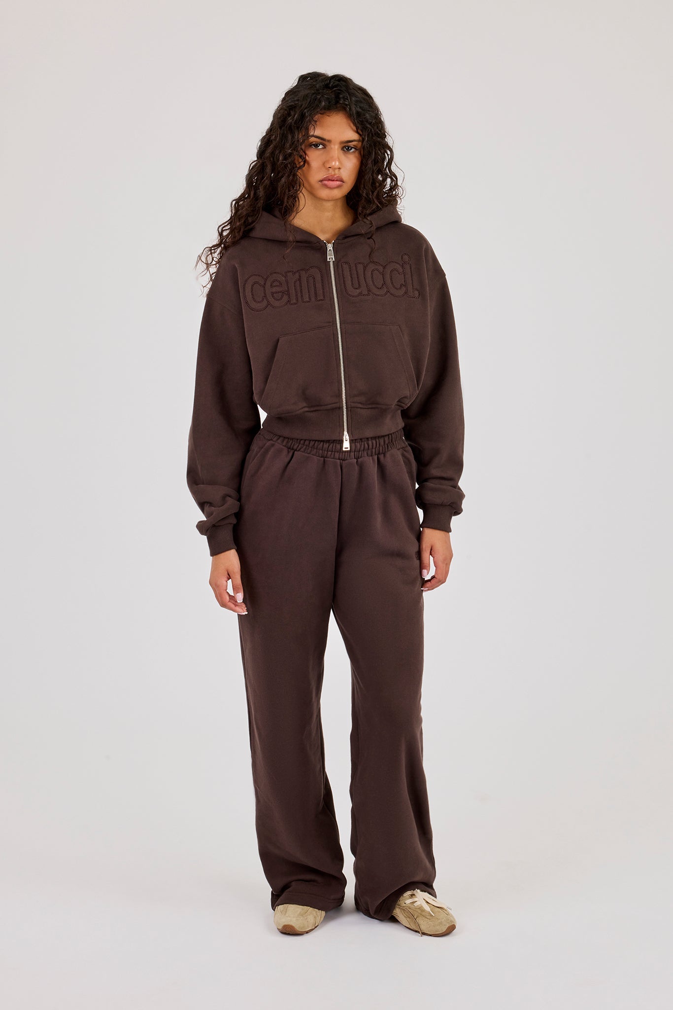 Cernucci Puff Applique Cropped Zip Hoodie - Chocolate
