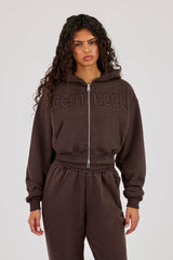Cernucci Puff Applique Cropped Zip Hoodie - Chocolate