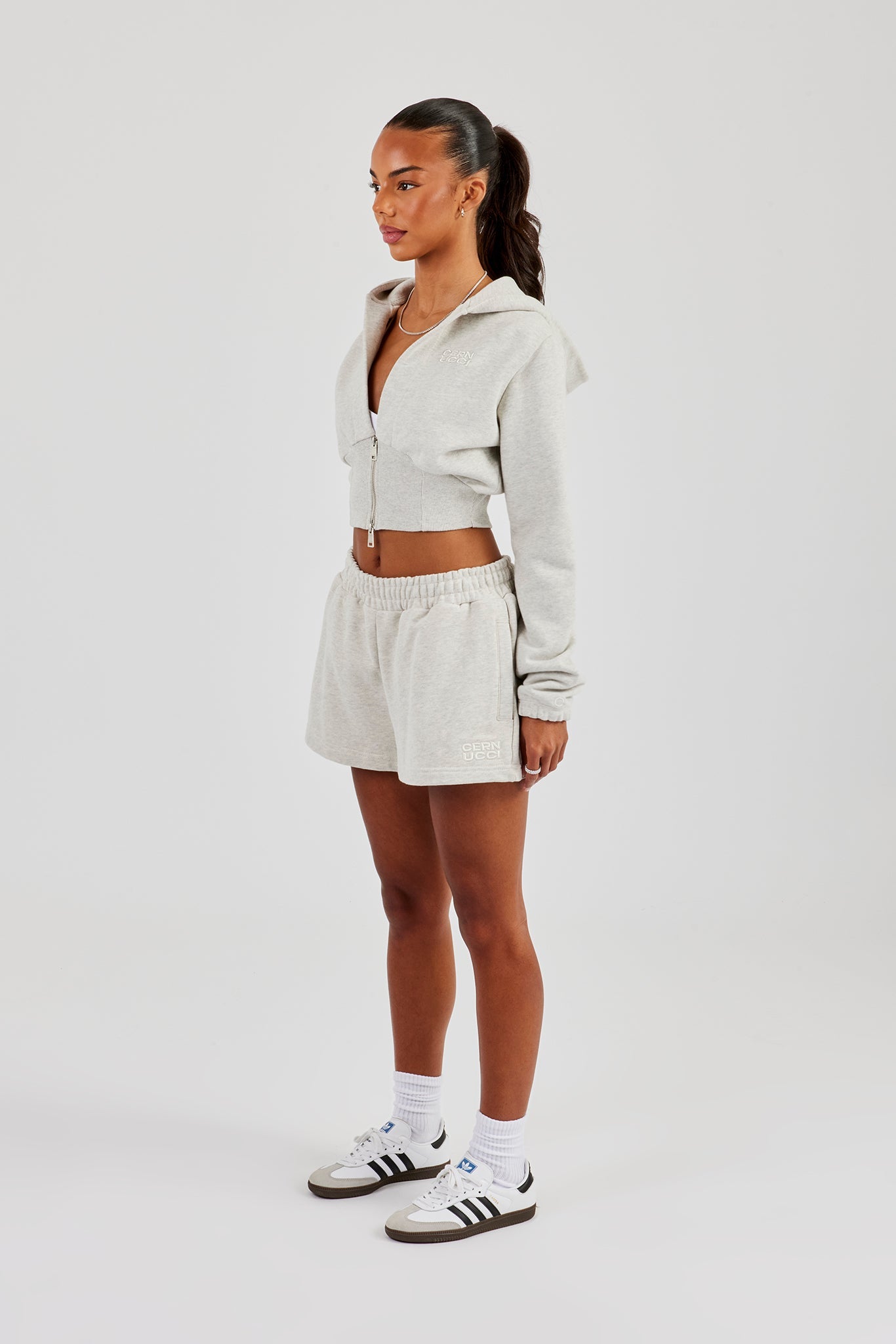 Rib Contrast Fitted Zip Hoodie & Embroidered Short - Ash Grey