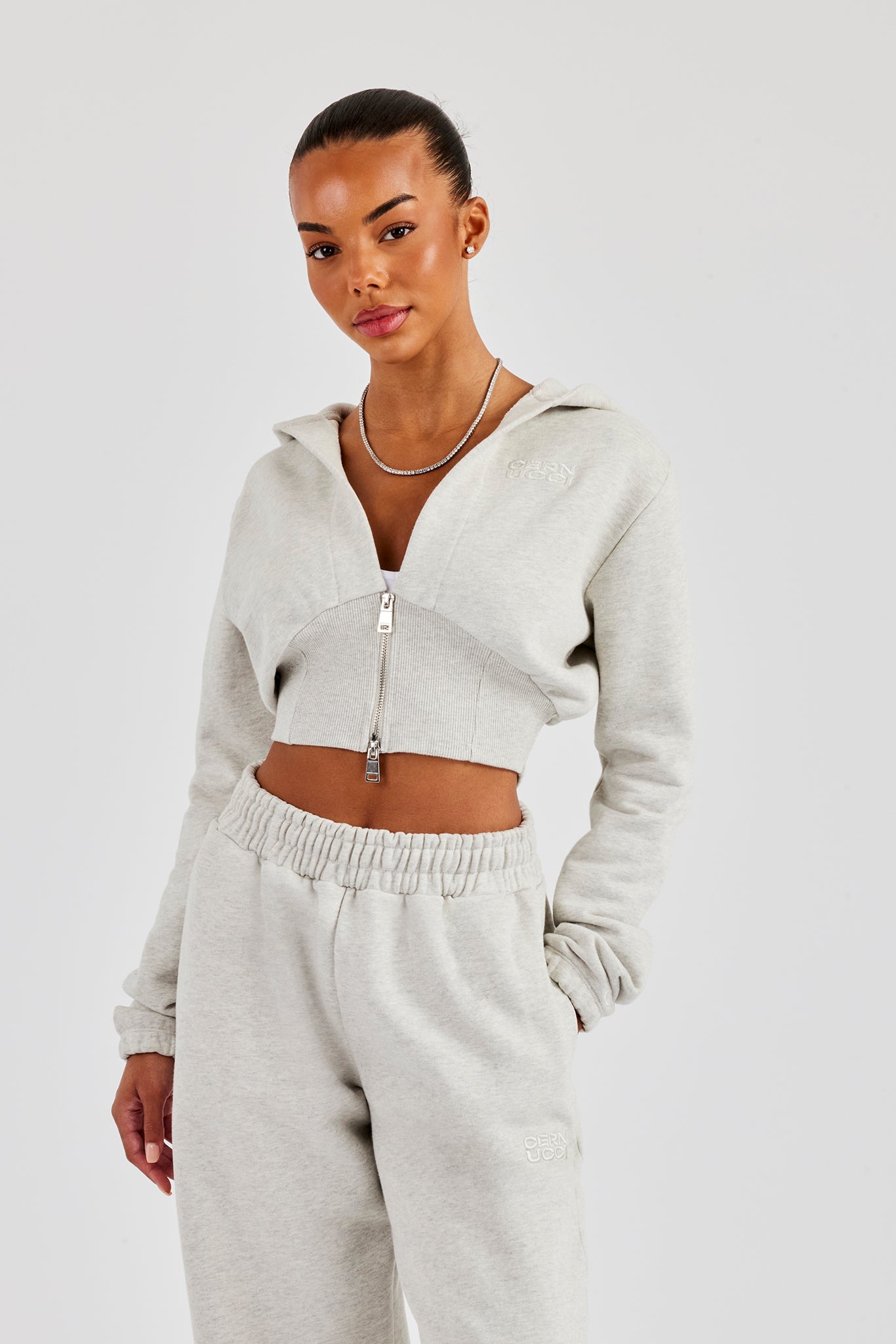Rib Contrast Fitted Zip Hoodie - Ash Grey | Womens Hoodies