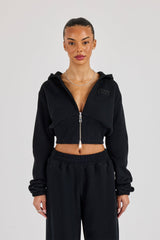 Rib Contrast Fitted Zip Hoodie - Black