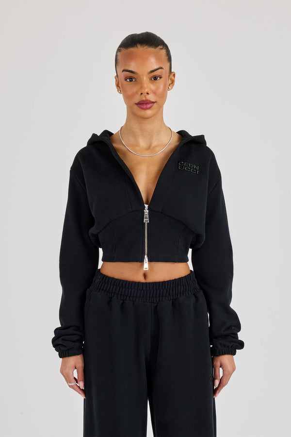 Rib Contrast Fitted Zip Hoodie - Black