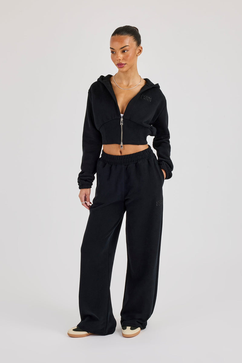 Embroidered Cernucci Wide Leg Jogger - Black