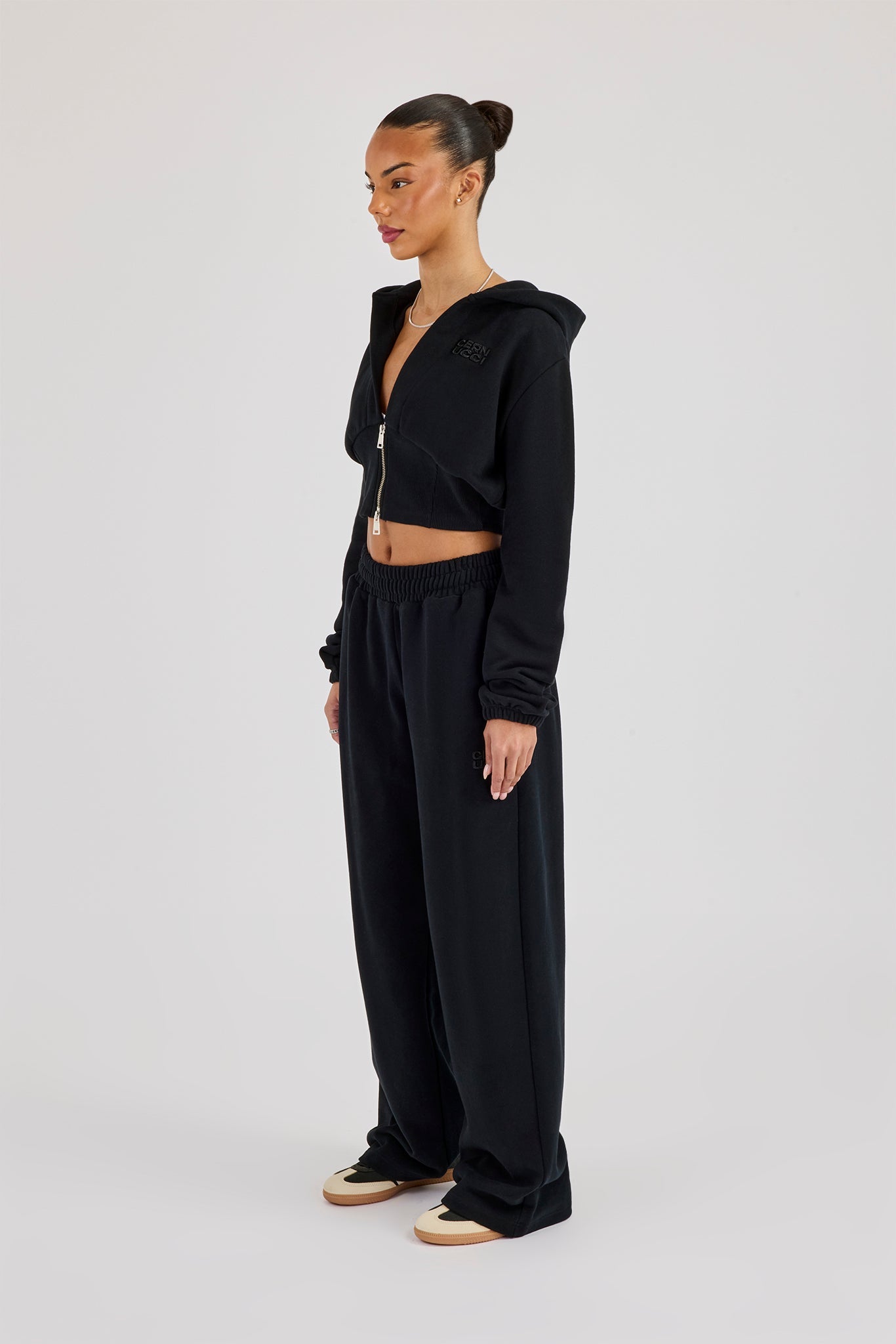 Rib Contrast Fitted Zip Tracksuit - Black