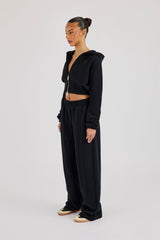 Rib Contrast Fitted Zip Tracksuit - Black