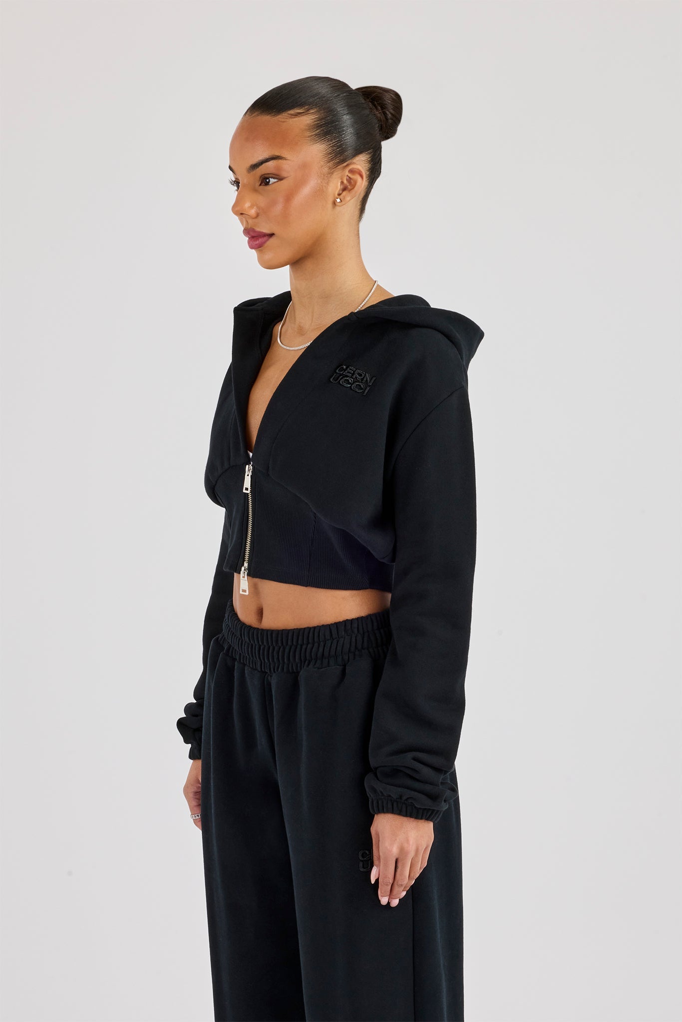 Rib Contrast Fitted Zip Hoodie - Black