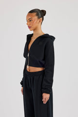 Rib Contrast Fitted Zip Hoodie - Black