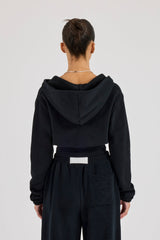 Rib Contrast Fitted Zip Hoodie - Black